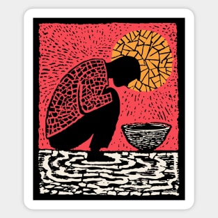 Quiet Sacrament – Humility and Ritual Linocut Sticker